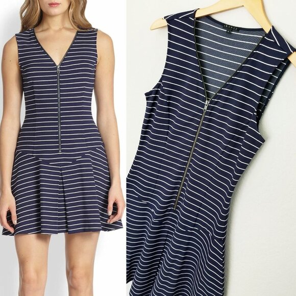 Theory Say I Dress 6 Navy and White Zip Front Nautical Drop Waist Preppy $275 - Picture 5 of 14